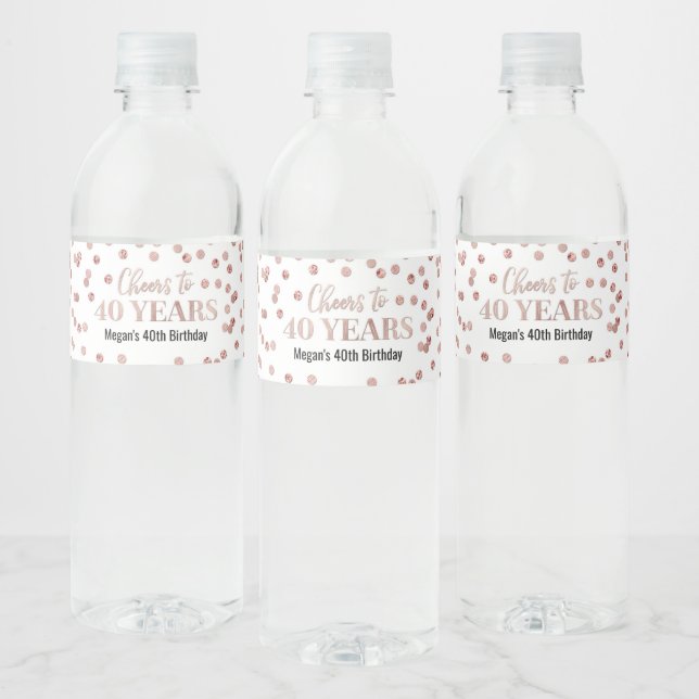 Cheers to 40 Years Rose Gold Confetti Birthday Water Bottle Label (Bottles)