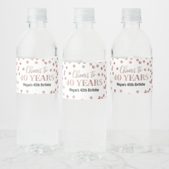 Cheers to 40 Years Rose Gold Confetti Birthday Water Bottle Label (Bottles)
