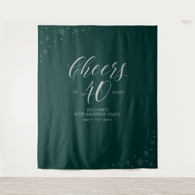 Cheers to 40 years | Silver & Green Birthday Party Tapestry (Front)