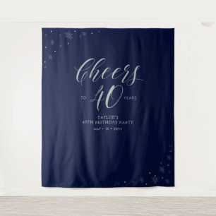 Cheers to 40 years   Silver & Navy Birthday Party Tapestry
