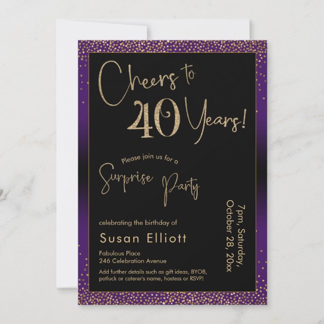 Cheers to 40 Years Surprise Birthday Party, Purple Invitation (Front)