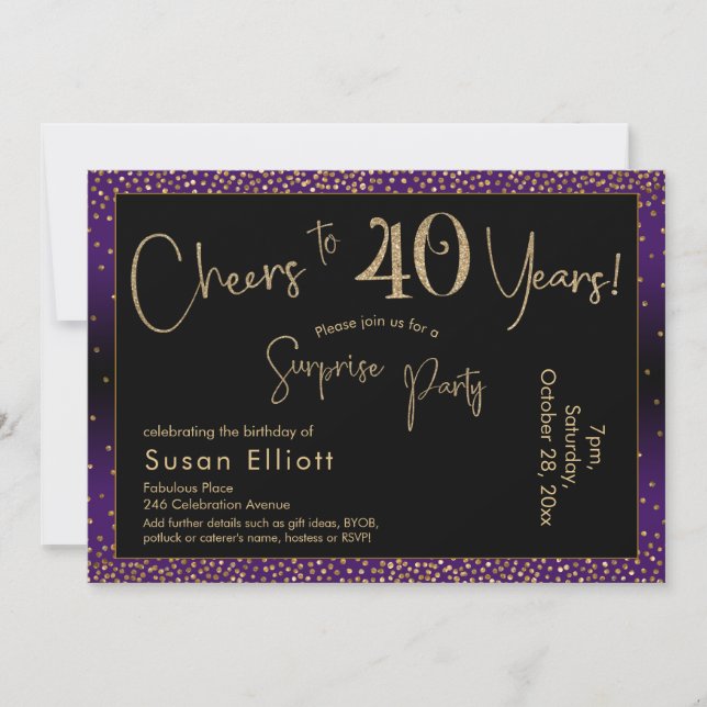 Cheers to 40 Years Surprise Birthday, Purple Invitation (Front)