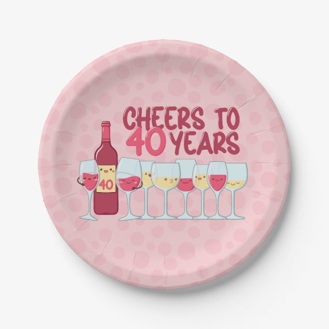 Cheers to 40 years wine themed kawaii style paper plate (Front)