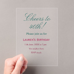 Cheers to 40th birthday name date mauve blue elega acrylic invitations