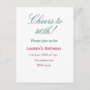Cheers to 40th birthday name date mauve blue elega invitation postcard