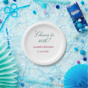 Cheers to 40th birthday name date mauve blue elega paper plate
