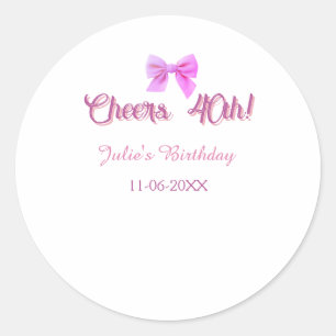 Cheers to 40th birthday name date mauve pink bow classic round sticker