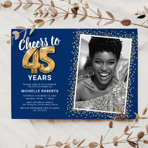 Cheers to 45 Years Navy Gold Photo Invitation