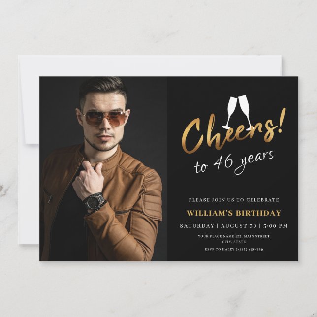 Cheers to 46 Years Gold Black Adult Birthday Photo Invitation (Front)
