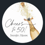 Cheers to 50 Birthday Gold and Black Classic Round Sticker<br><div class="desc">Cheers to 50th Birthday Party Round Label. A perfect finishing touch to your invitation envelopes or Favour Bags. Designed with a beautiful watercolor Gold Champagne Bottle.  Matching items in our store Cava Party Design.</div>