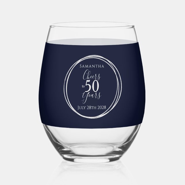 Cheers to 50 Years 50th Birthday Navy Silver Party Stemless Wine Glass (Front)
