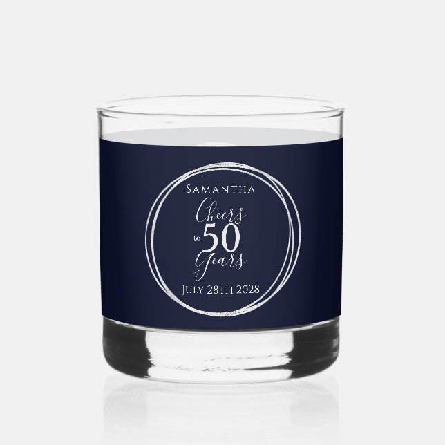Cheers to 50 Years 50th Birthday Navy Silver Party Whiskey Glass (Front)