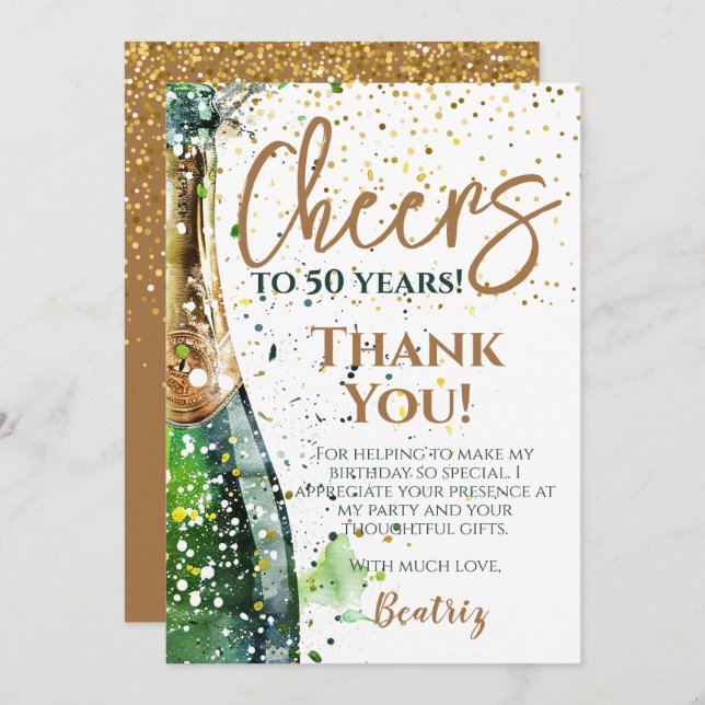 Cheers To 50 Years 50th Birthday Thank You Card (Front/Back)