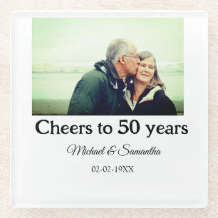 cheers to 50 years anniversary add name photo date glass coaster