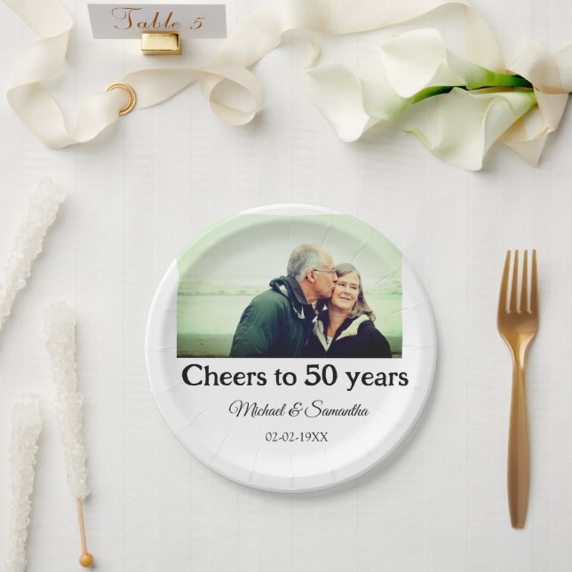 cheers to 50 years anniversary add name photo date paper plate (Wedding)