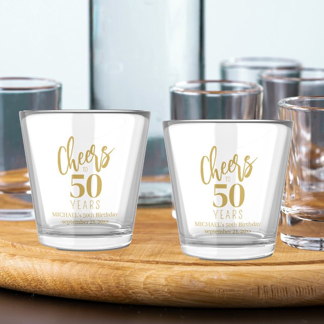 Cheers to 50 years any age milestone birthday gold shot glass (Creator Uploaded)