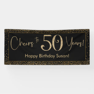 Cheers to 50 Years Birthday Black w/ Gold Confetti Banner