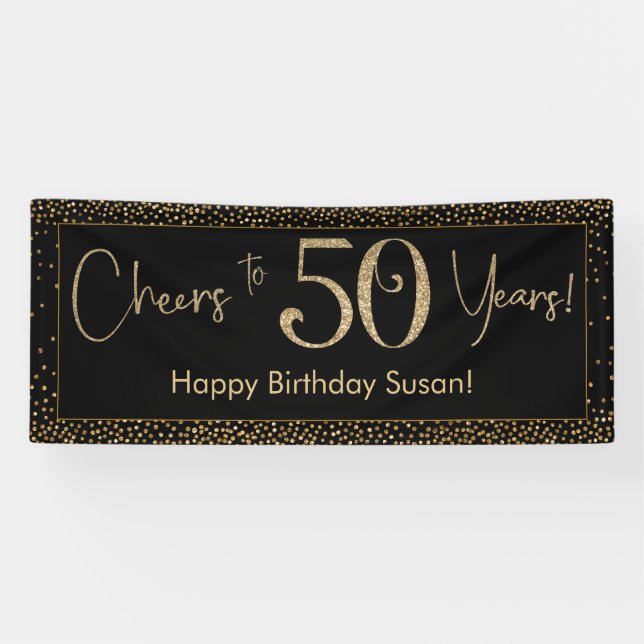 Cheers to 50 Years Birthday Black w/ Gold Confetti Banner (Horizontal)
