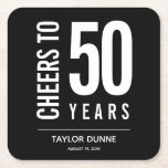 Cheers to 50 Years Birthday Celebration Square Paper Coaster<br><div class="desc">Birthday party coasters are personalised with the birthday years,  honoree's name and party date in white on a black background,  or any colour you choose. Ideal for any birthday year celebration,  retirement party,  anniversary celebration,  party keepsake or any occasion. MORE colours and MATCHING items in our collection.</div>
