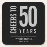Cheers to 50 Years Birthday Celebration Square Paper Coaster<br><div class="desc">Birthday party coasters are personalised with the birthday years,  honoree's name and party date in silver grey on a black background,  or any colour you choose. Ideal for any birthday year celebration,  retirement party,  anniversary celebration,  party keepsake or any occasion. MORE colours in our collection.</div>