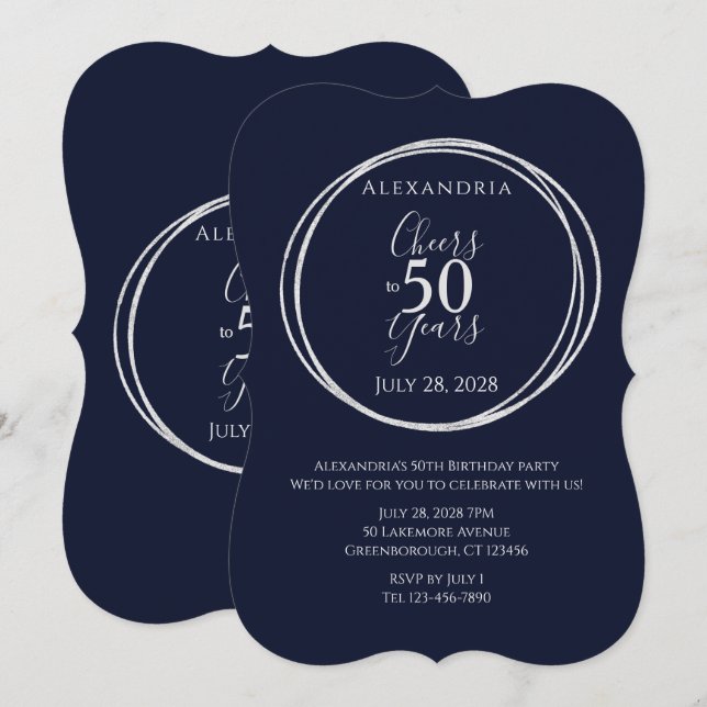 Cheers to 50 years birthday party navy silver invitation (Front/Back)