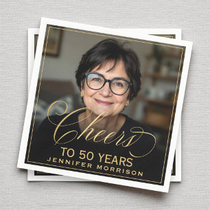Cheers to 50 Years Birthday Photo Gold Black Napkin