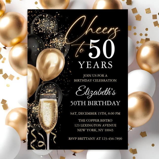  Cheers To 50 Years Black and Gold Balloons Invitation (Creator Uploaded)