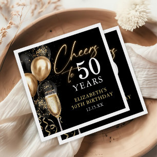 Cheers To 50 Years Black and Gold Balloons Napkin