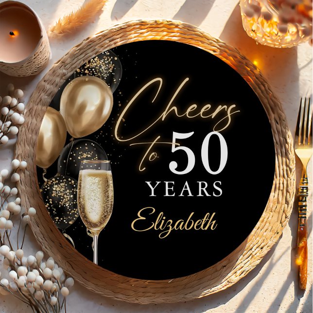 Cheers To 50 Years Black and Gold Balloons Paper Plate (Creator Uploaded)