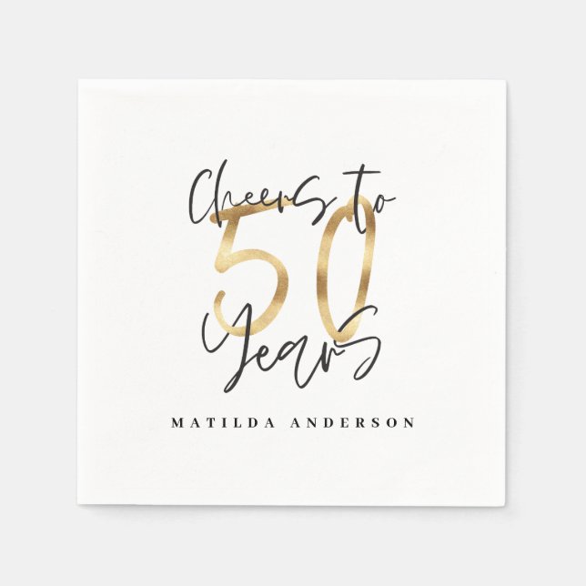 Cheers to 50 years black and gold modern stylish napkin (Front)