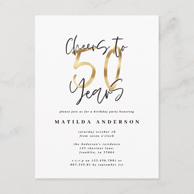 Cheers to 50 years black and gold modern stylish postcard (Front)