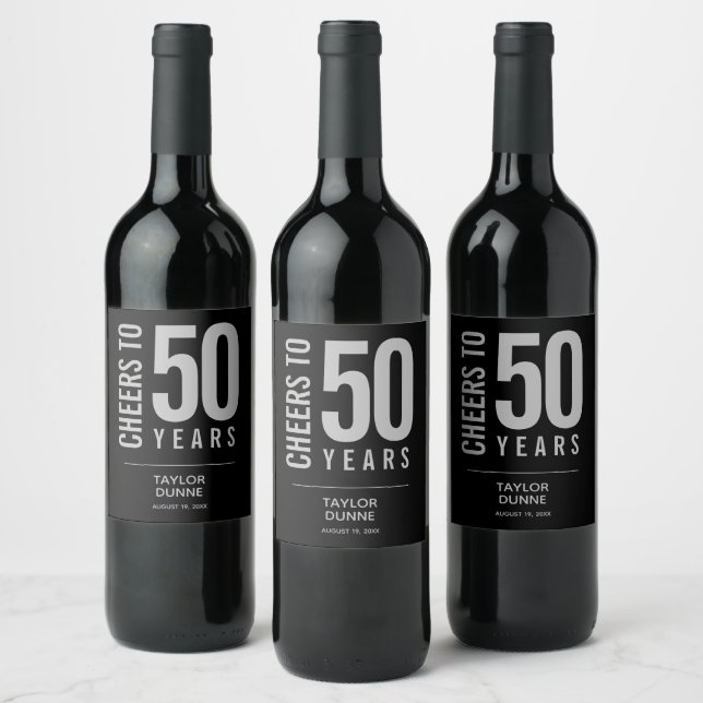 Cheers to 50 Years Black and Silver Wine Label (Bottles)