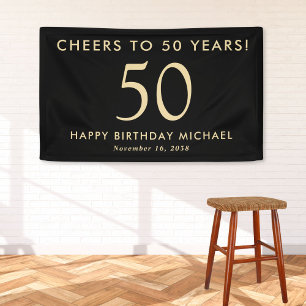 Cheers To 50 Years Black Gold 50th Birthday Party Banner