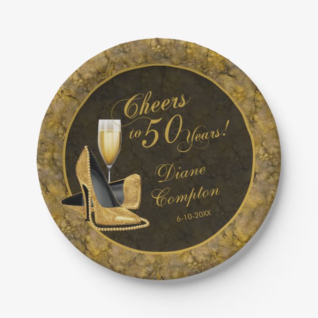 Cheers to 50 Years Black Gold Birthday Paper Plate (Front)