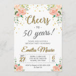 Cheers to 50 Years Chic Ladies 50th Birthday Party Invitation<br><div class="desc">Elegant birthday party invitation featuring peach peonies and gold glitter accents. Matching inserts,  signs,  games,  and decorations can be found in our Zazzle shop. If you're looking for any specific item,  please don't hesitate to contact us.</div>