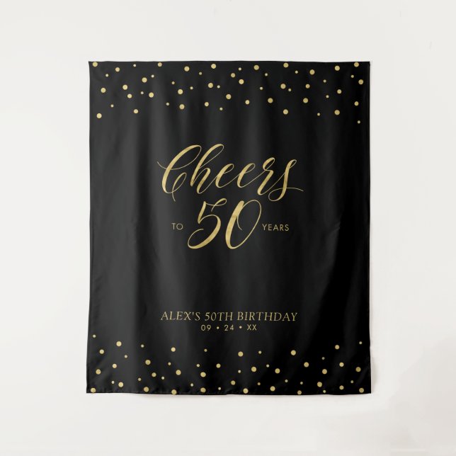 Cheers to 50 years | Gold & Black 50th Birthday Tapestry (Front)
