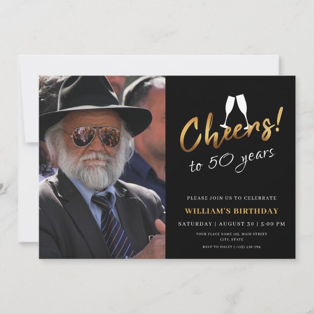 Cheers to 50 Years Gold Black Adult Birthday Photo Invitation (Front)