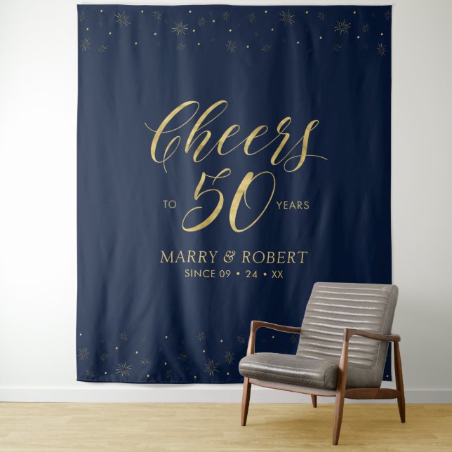 Cheers to 50 years | Gold & Navy 50th Anniversary Tapestry (In Situ)