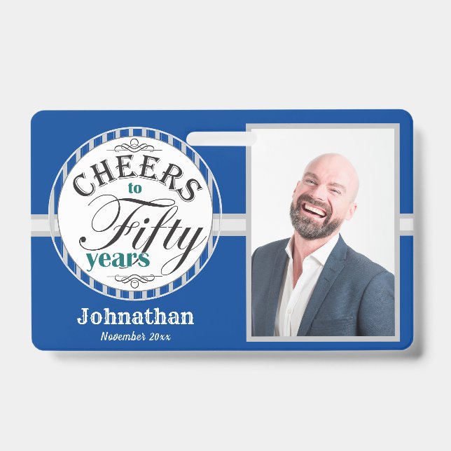 Cheers to 50 Years Party One Photo Blue ID Badge (Front)