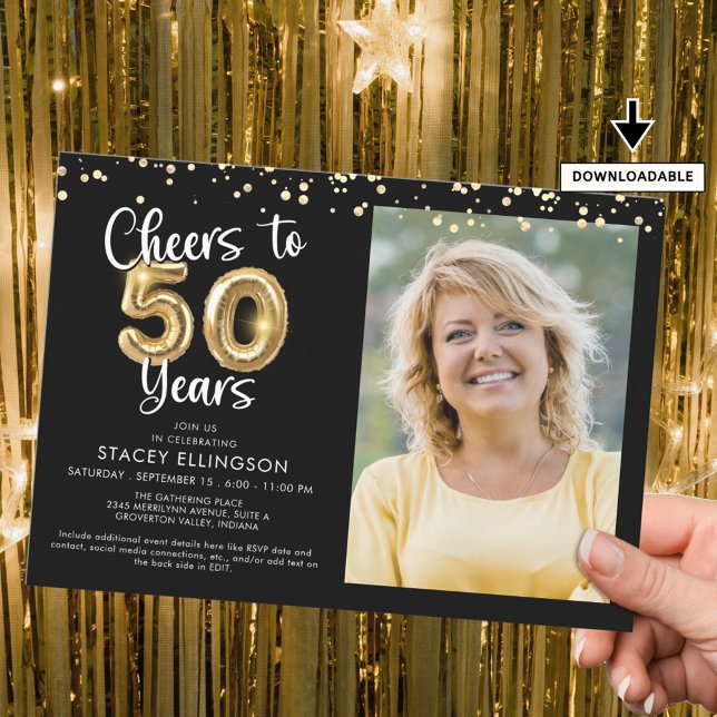 Cheers to 50 Years Photo Script Balloon Confetti Invitation (Creator Uploaded)