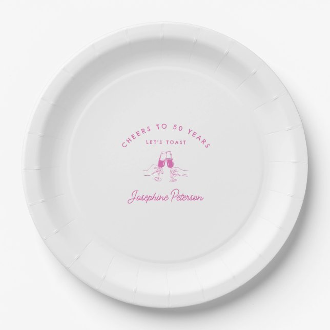 Cheers to 50 Years Pink 50th Birthday Custom Paper Plate (Front)