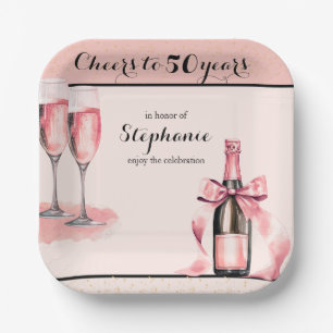 Cheers to 50 Years Pink Champagne Birthday Paper Plate