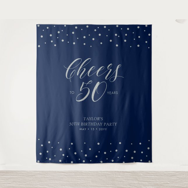 Cheers to 50 years | Silver & Navy 50th Birthday Tapestry (Front)