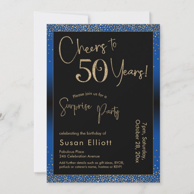 Cheers to 50 Years Surprise Birthday Party Blue Invitation (Front)