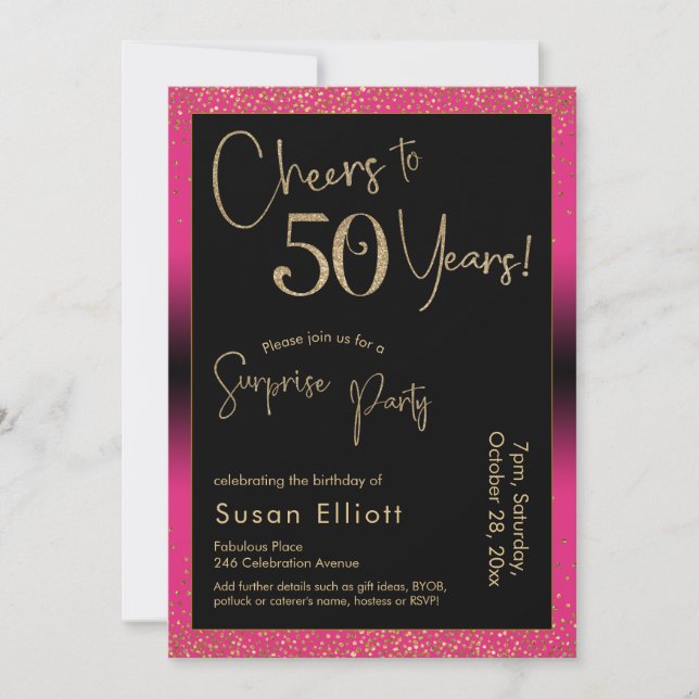 Cheers to 50 Years Surprise Birthday Party, Pink Invitation (Front)