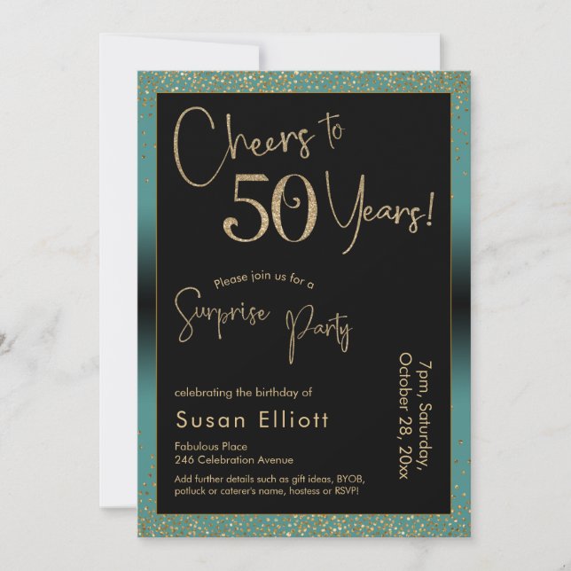 Cheers to 50 Years Surprise Birthday Party, Teal Invitation (Front)