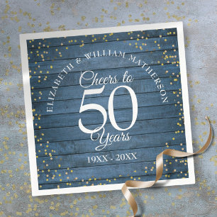 Cheers To 50 Years Wedding Anniversary Blue Rustic Napkin
