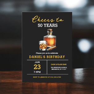 Cheers to 50 Years Whiskey Cigar Bourbon Birthday Invitation