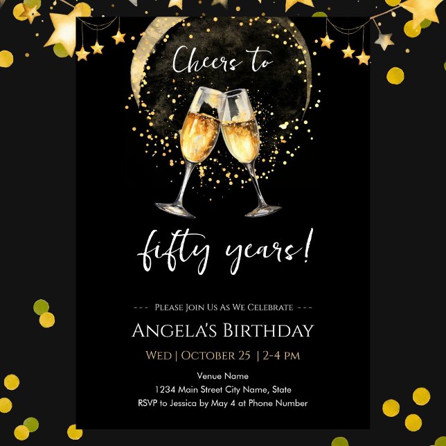 Cheers to 50th Birthday Black and Gold Invitation (Creator Uploaded)