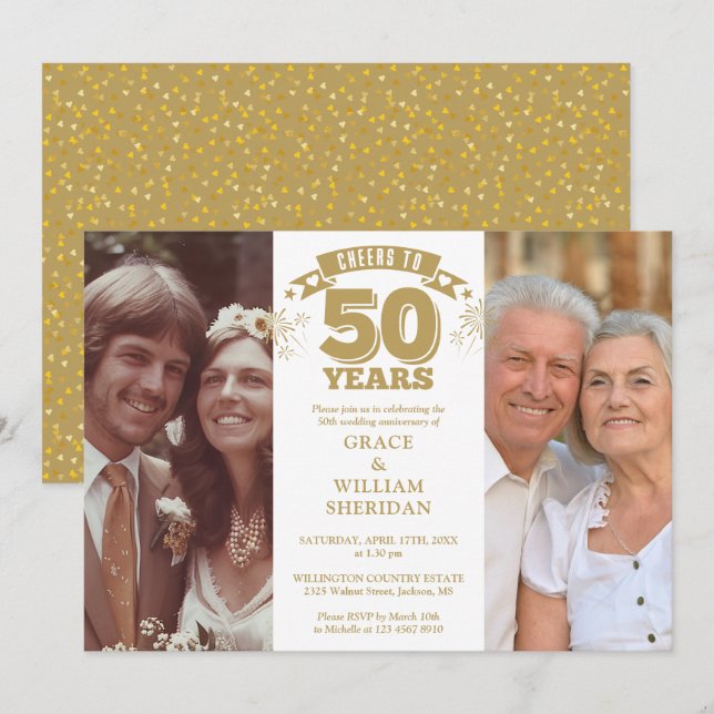Cheers To 50th Wedding Anniversary 2 Photo Invitation (Front/Back)